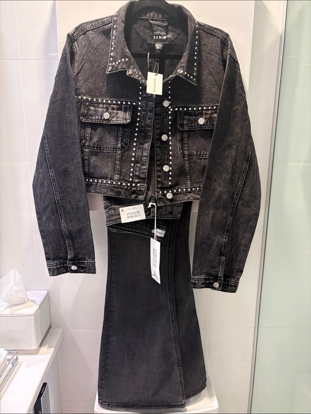 Women's Set Black Studded Cropped Denim Jacket with Pants-  jacket oversized